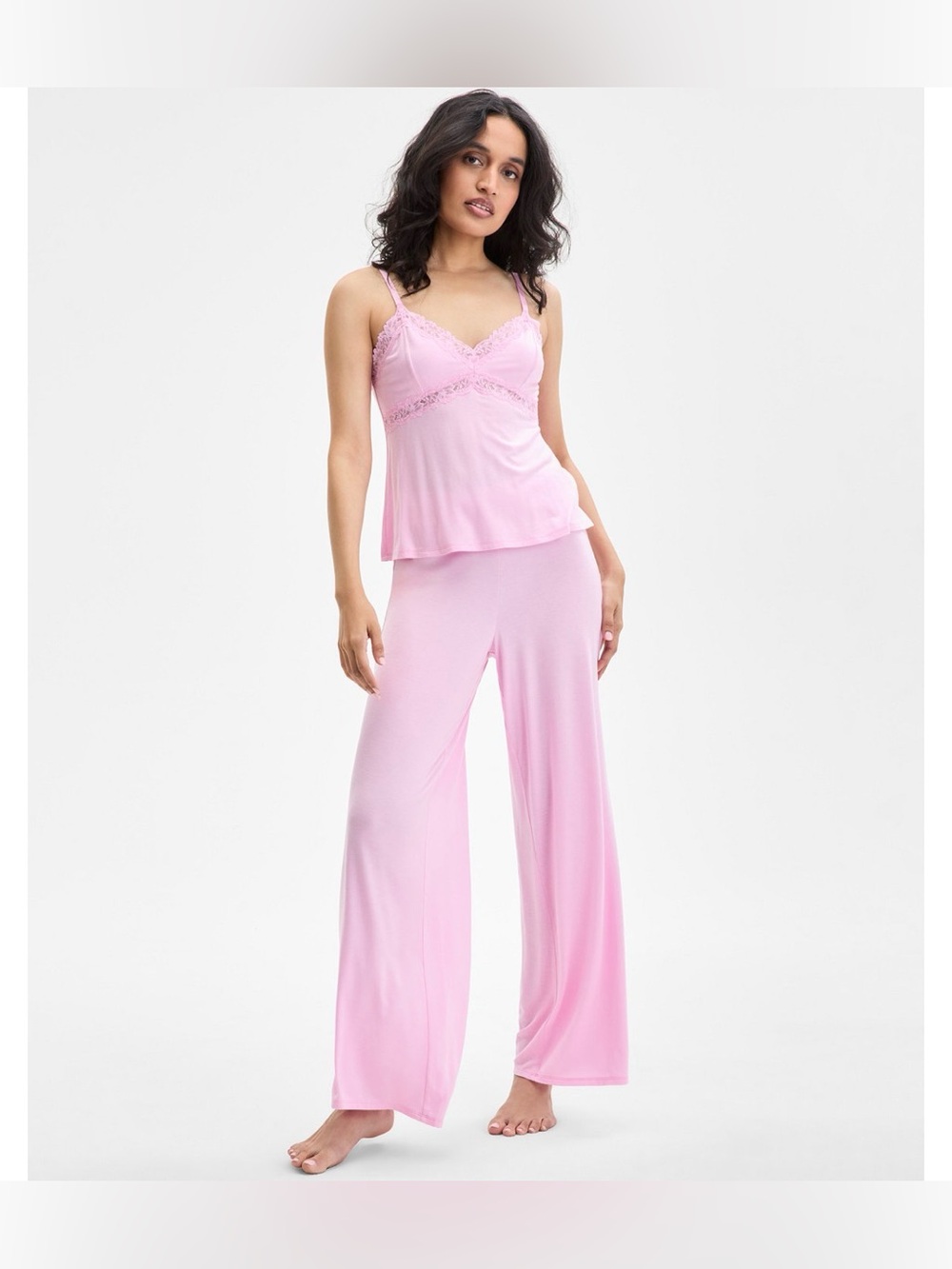 INC International Concepts Light Pink Lace-Trim Camisole & Wide-Leg Pajama Set